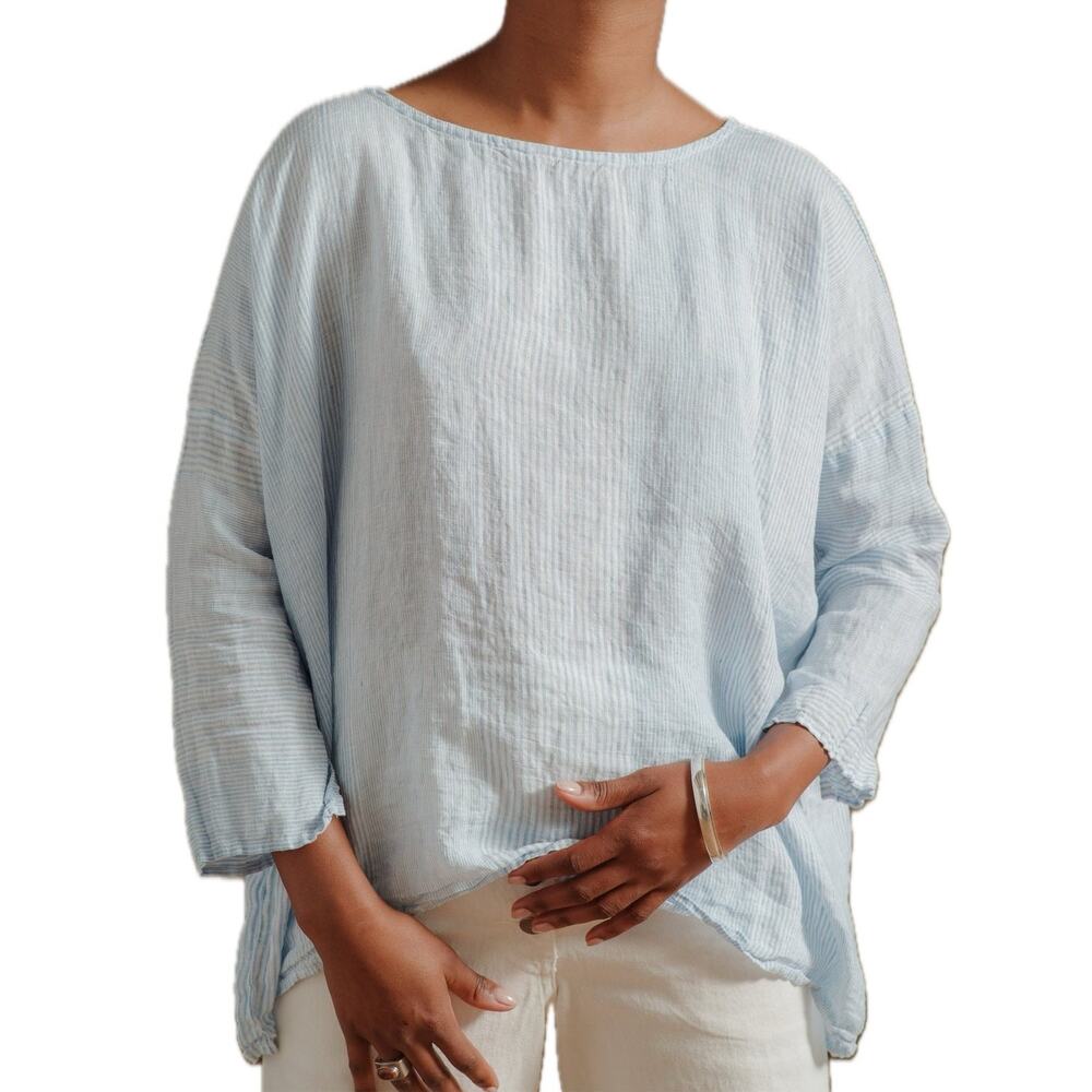 CP Shades Lightweight Oversized Natural Linen Thin Striped Coastal Sibella Top